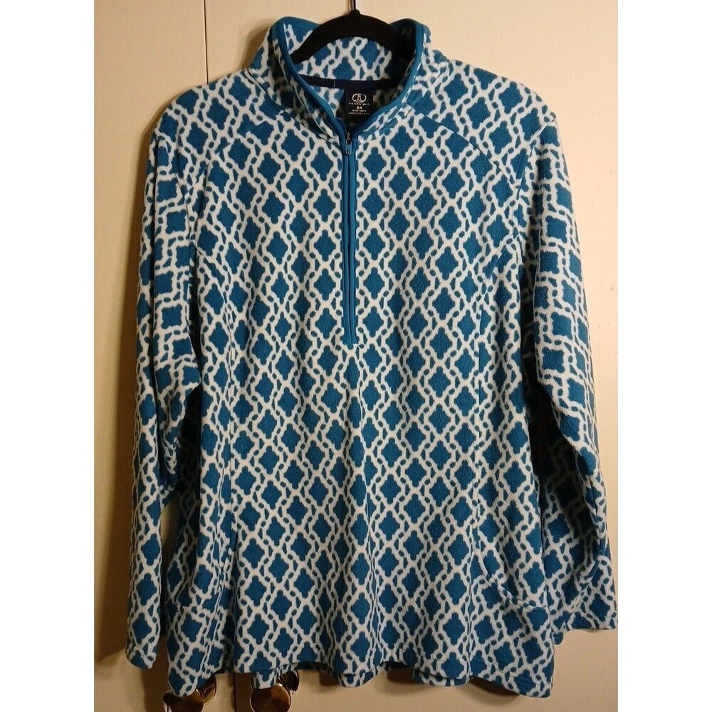 Lands End Womens 2x Fleeze Pullover 1/4 Zip Blue-White Outdoors Hike Camp Fish